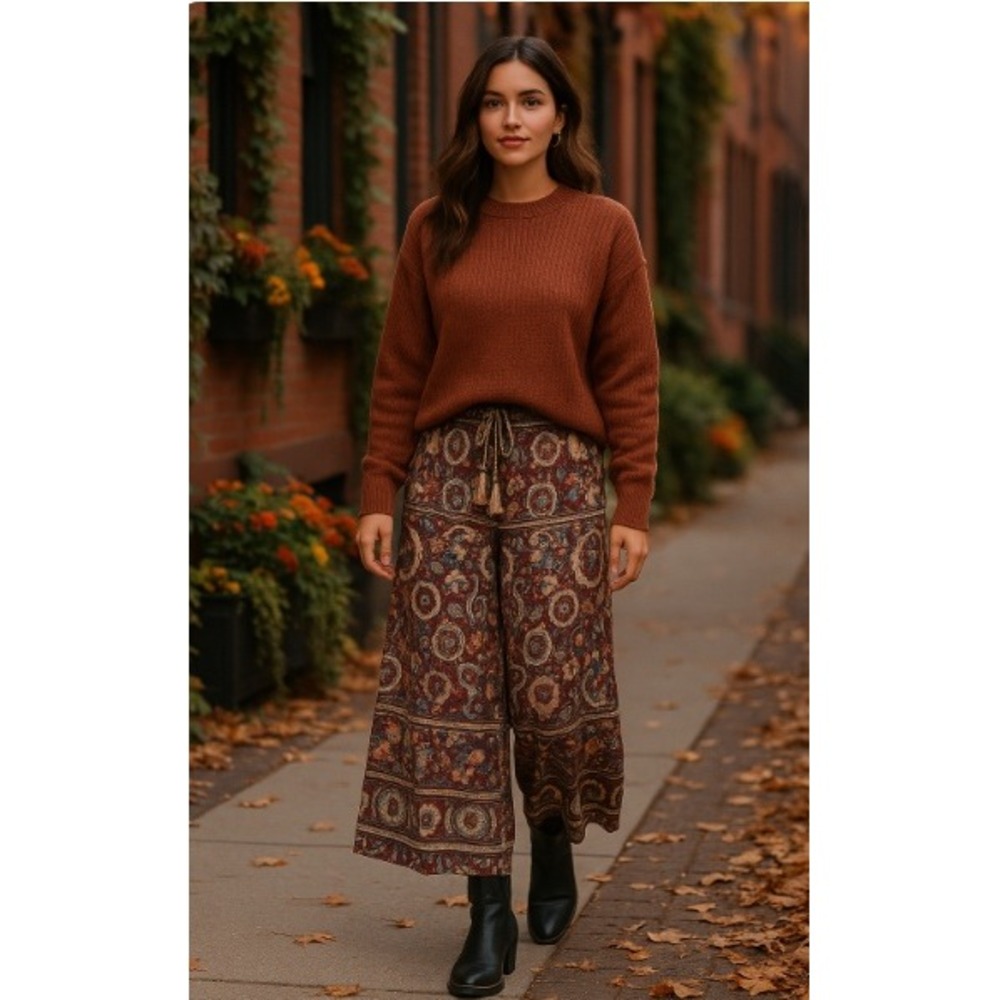 Angie Boho Wide-Leg Tassel Pants Multicolor Paisley Floral Print‎ Women's Large